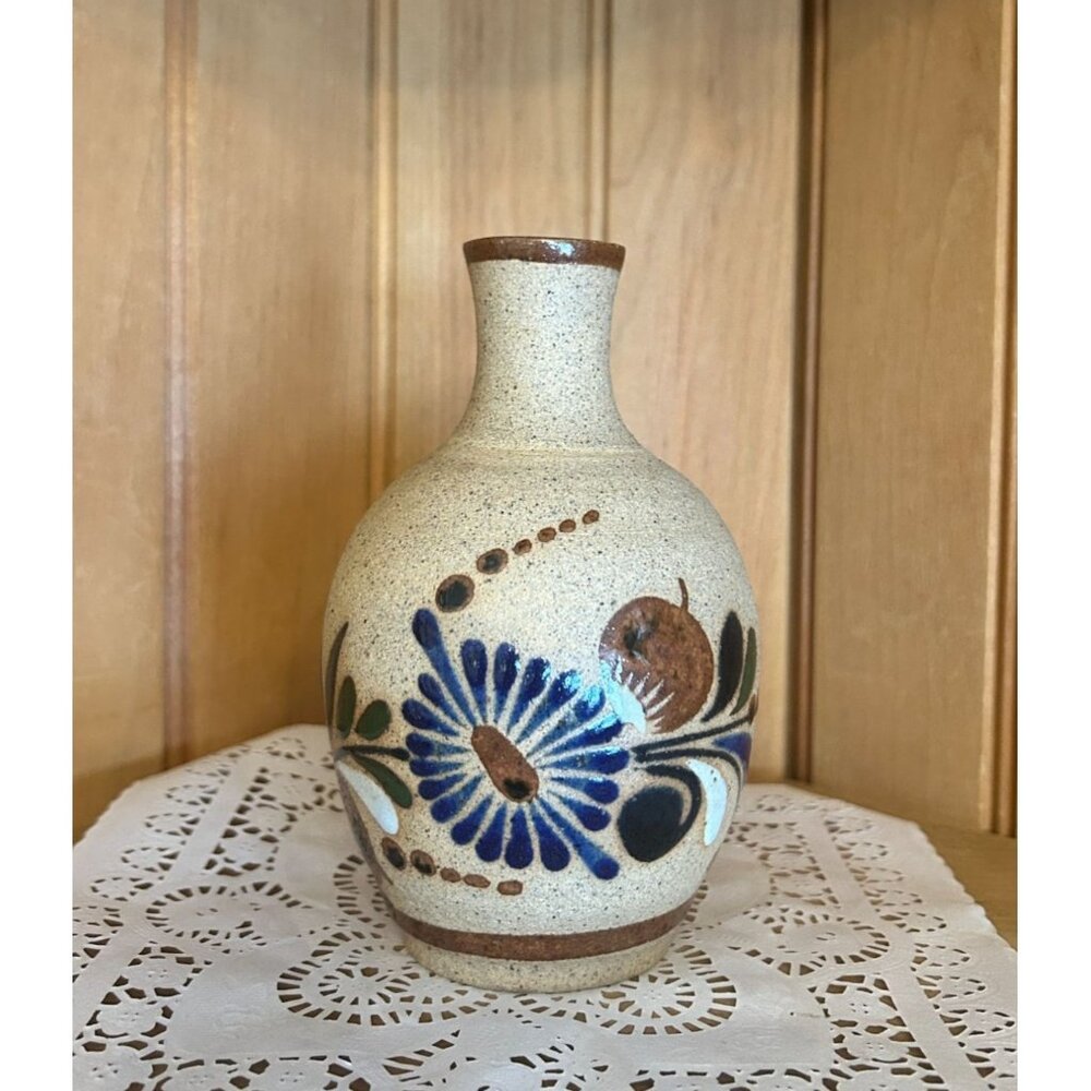 Vintage Palomar Tonala Mexico Art Pottery Blue Flower Floral Brown Bulb Shaped S